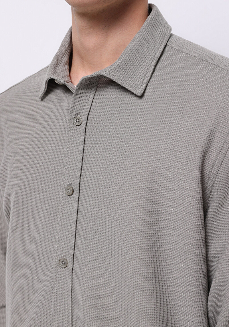 Regular Fit Shirt Neck Düz Erkek Yeşil Uzun Kol Gömlek