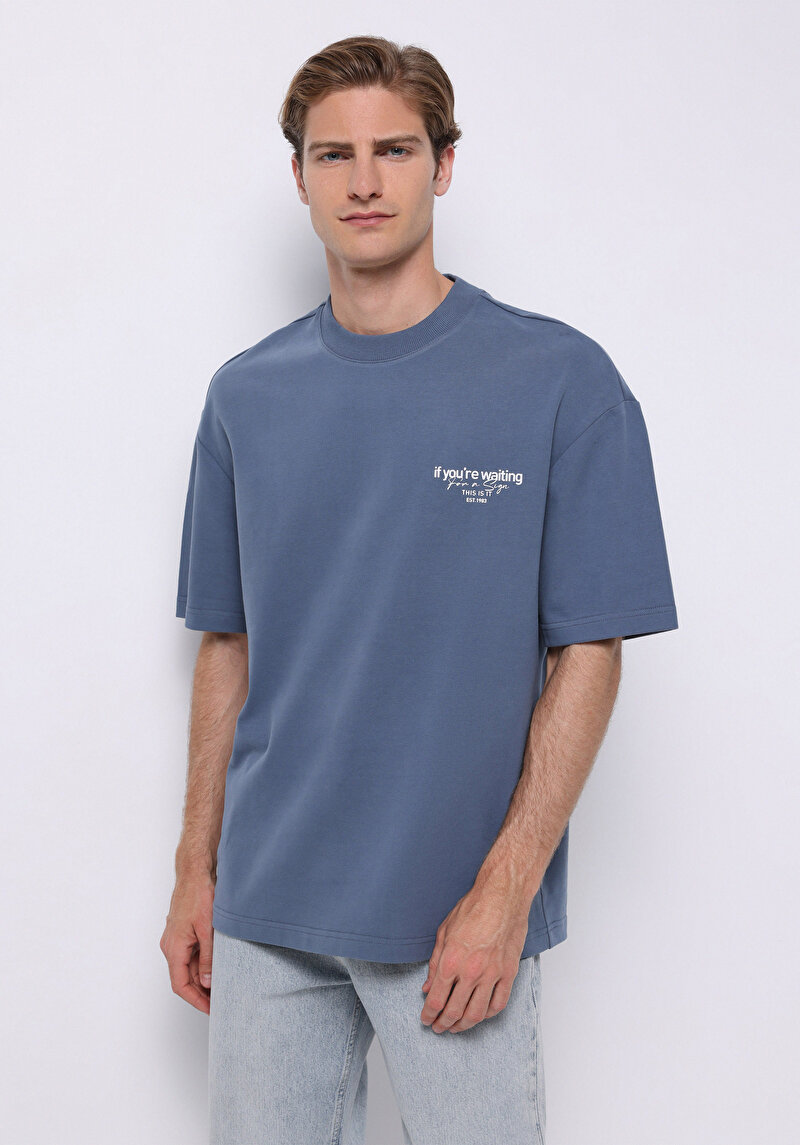 Oversize Fit Yuvarlak Yaka Düz Erkek Mavi Kısa Kol Tişört