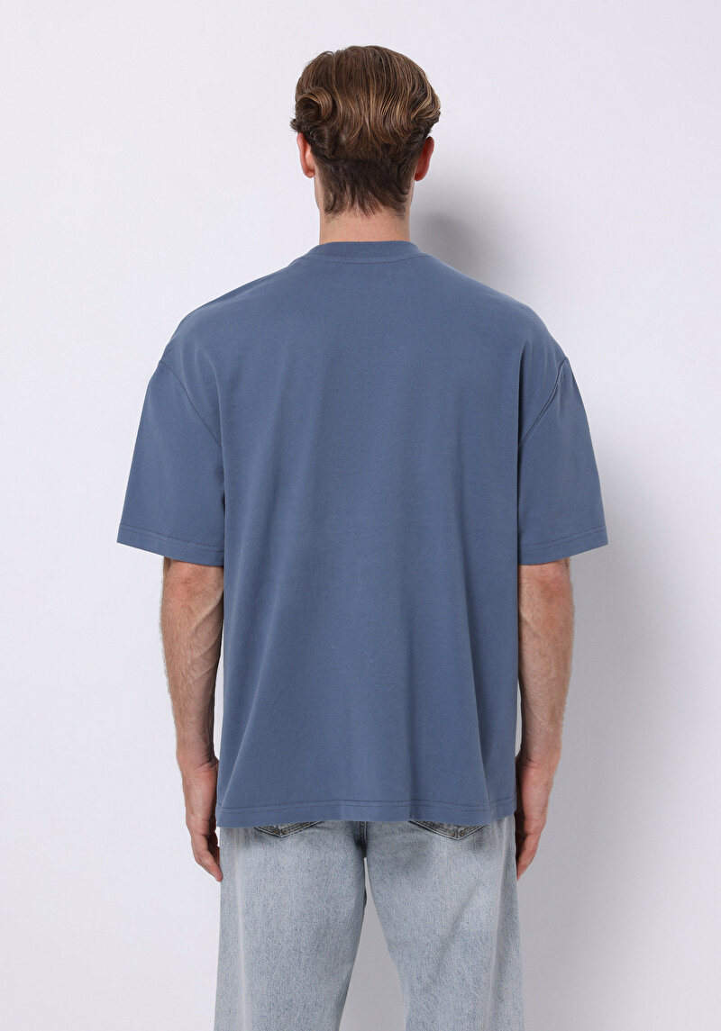 Oversize Fit Yuvarlak Yaka Düz Erkek Mavi Kısa Kol Tişört