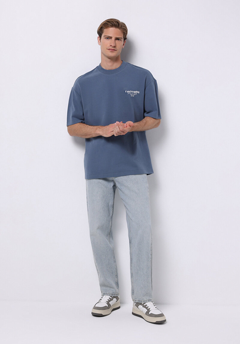 Oversize Fit Yuvarlak Yaka Düz Erkek Mavi Kısa Kol Tişört
