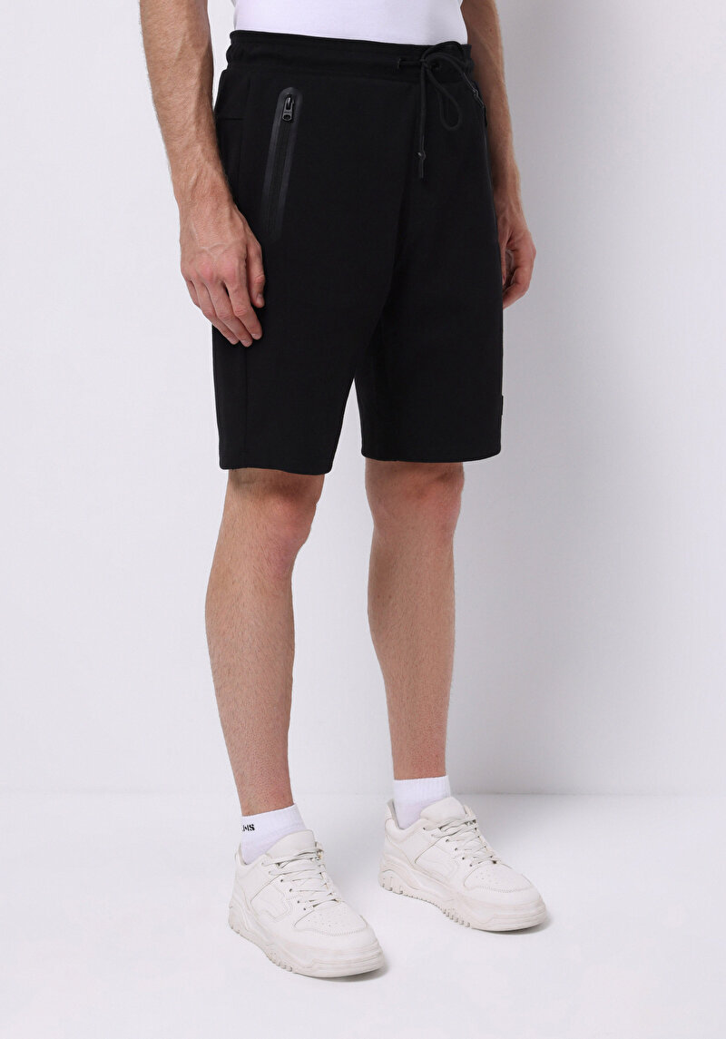 Regular Fit Orta Bel Düz Erkek Siyah Şort