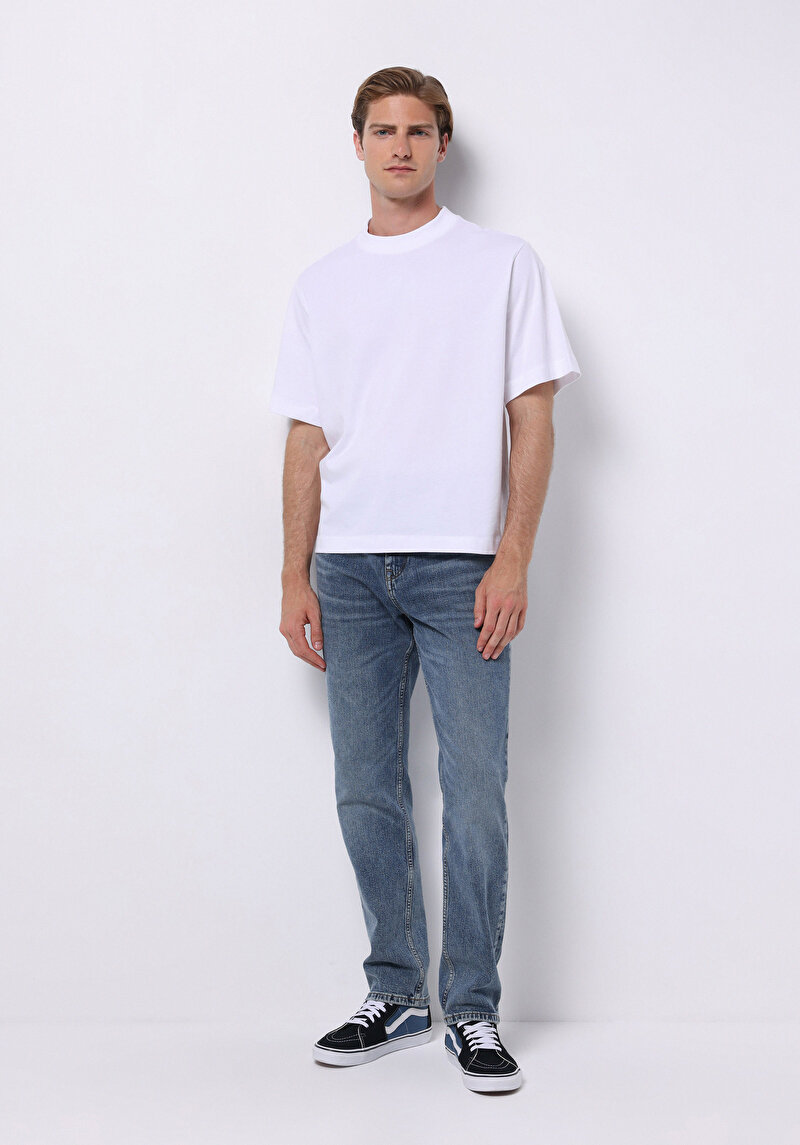 Loose Straight Fit Orta Bel Düz Paça Erkek İndigo Jean Pantolon