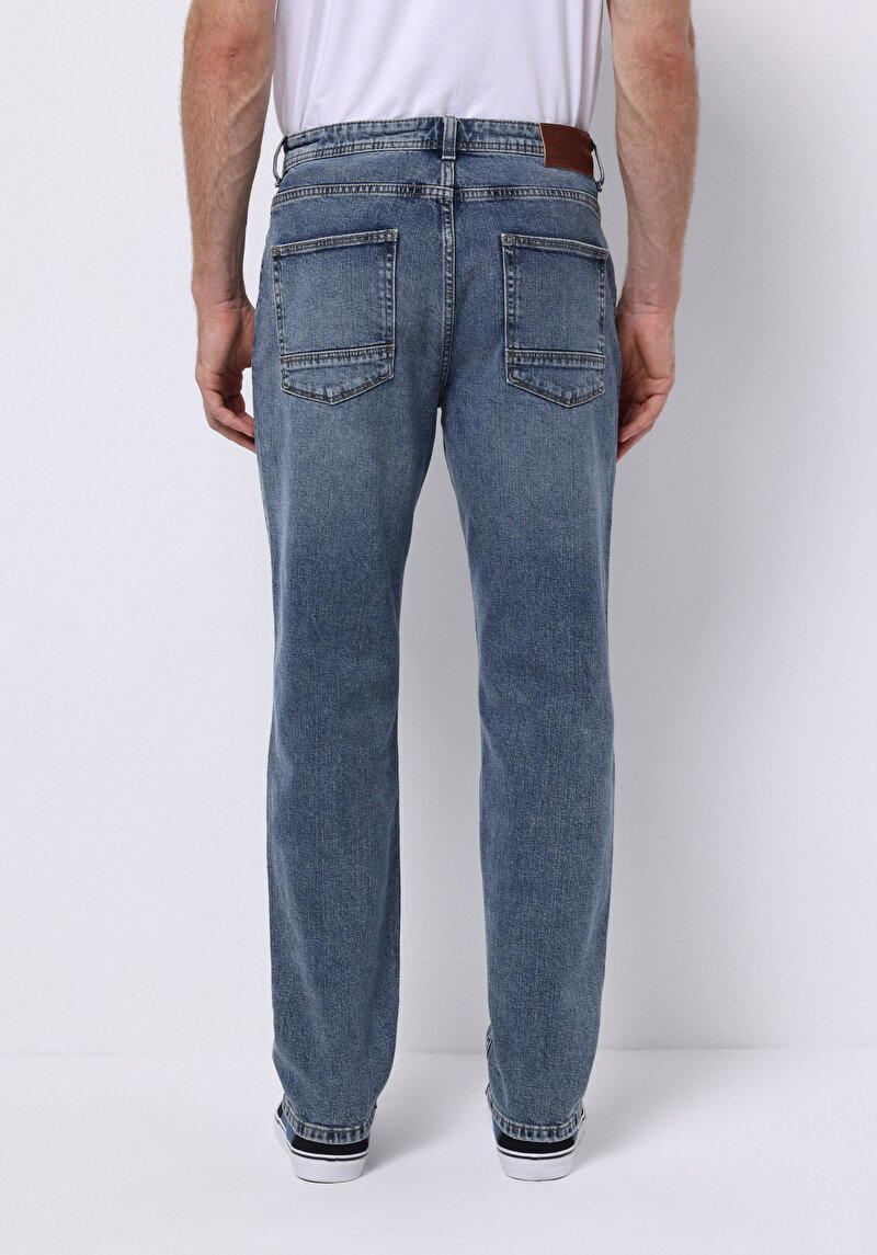 Loose Straight Fit Orta Bel Düz Paça Erkek İndigo Jean Pantolon