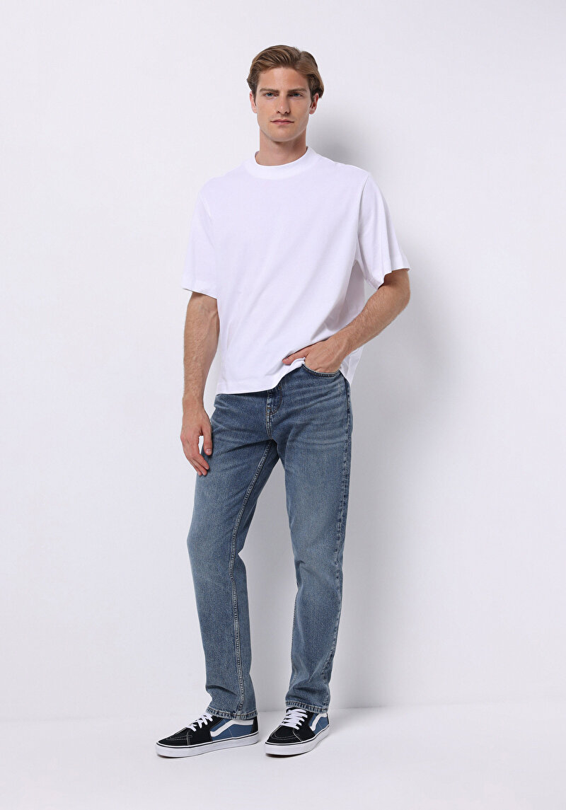 Loose Straight Fit Orta Bel Düz Paça Erkek İndigo Jean Pantolon