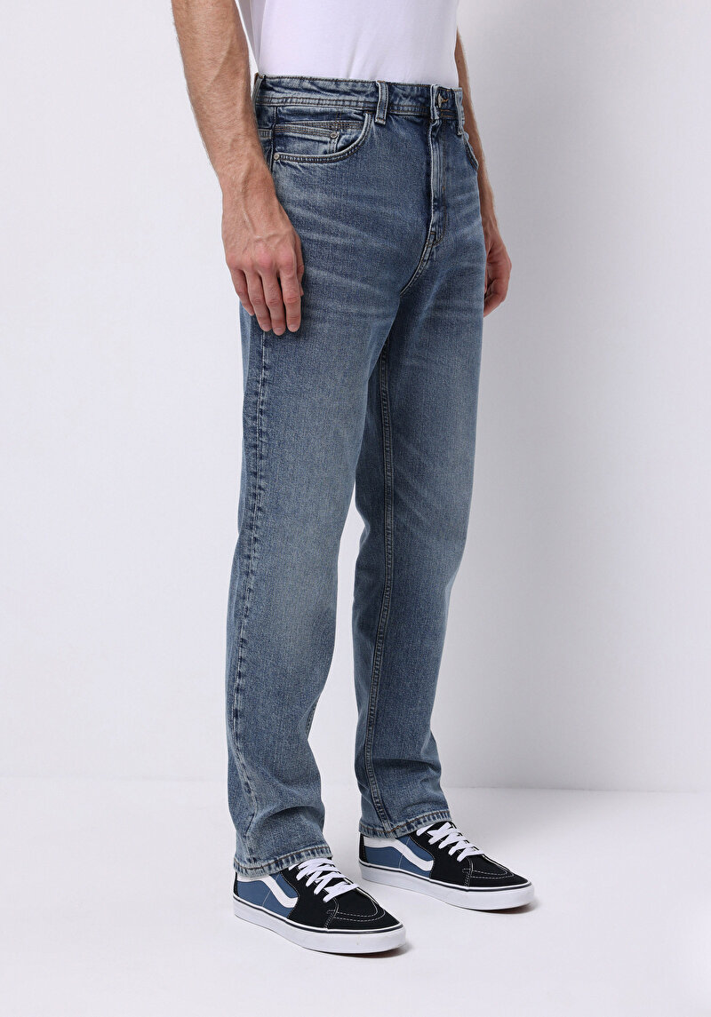 Loose Straight Fit Orta Bel Düz Paça Erkek İndigo Jean Pantolon