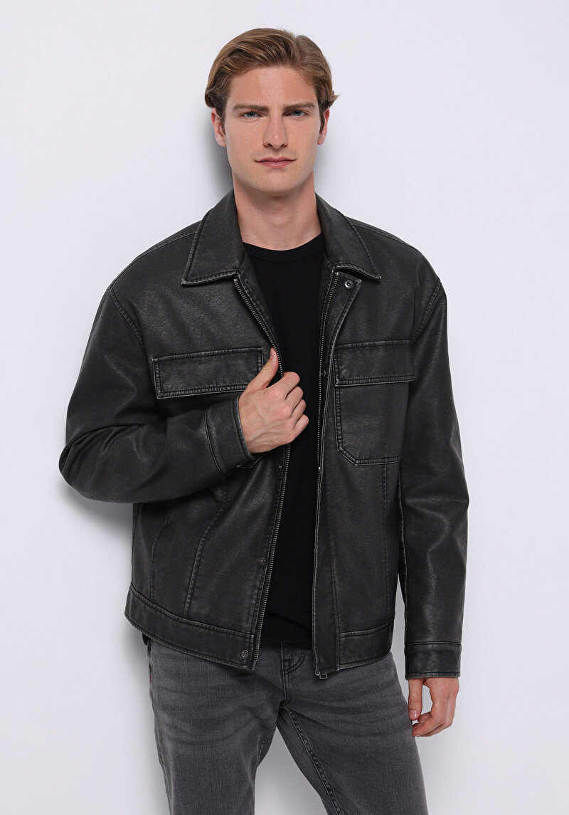 Slim Fit Erkek Siyah Mont Pu