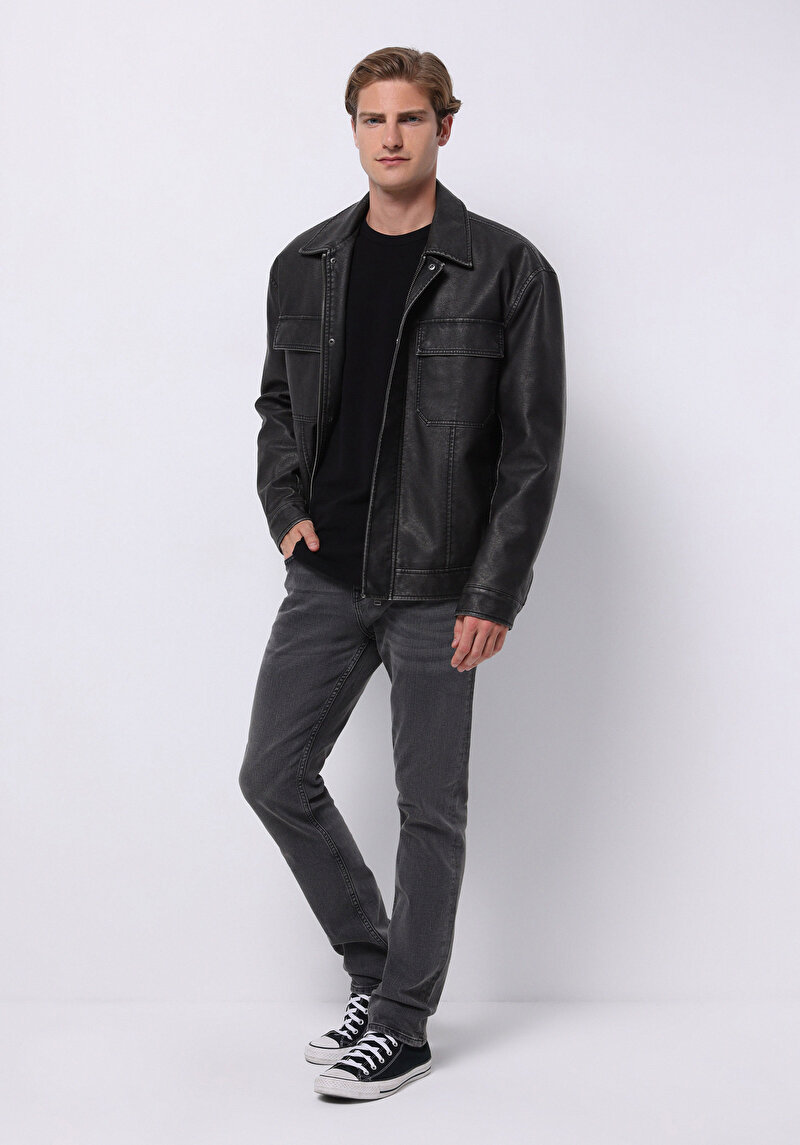 Slim Fit     Erkek Siyah Mont Pu
