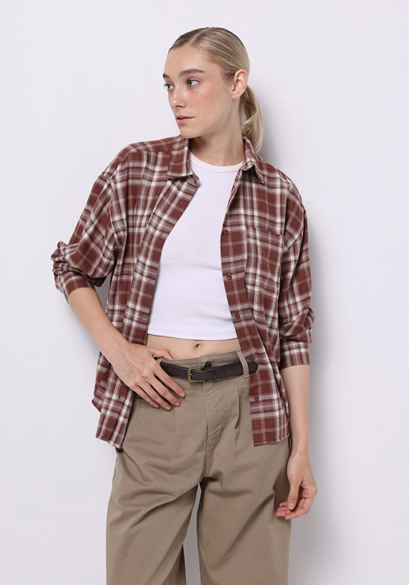 Relax Fit Shirt Neck Ekoseli Kadın Kahverengi Uzun Kol Gömlek