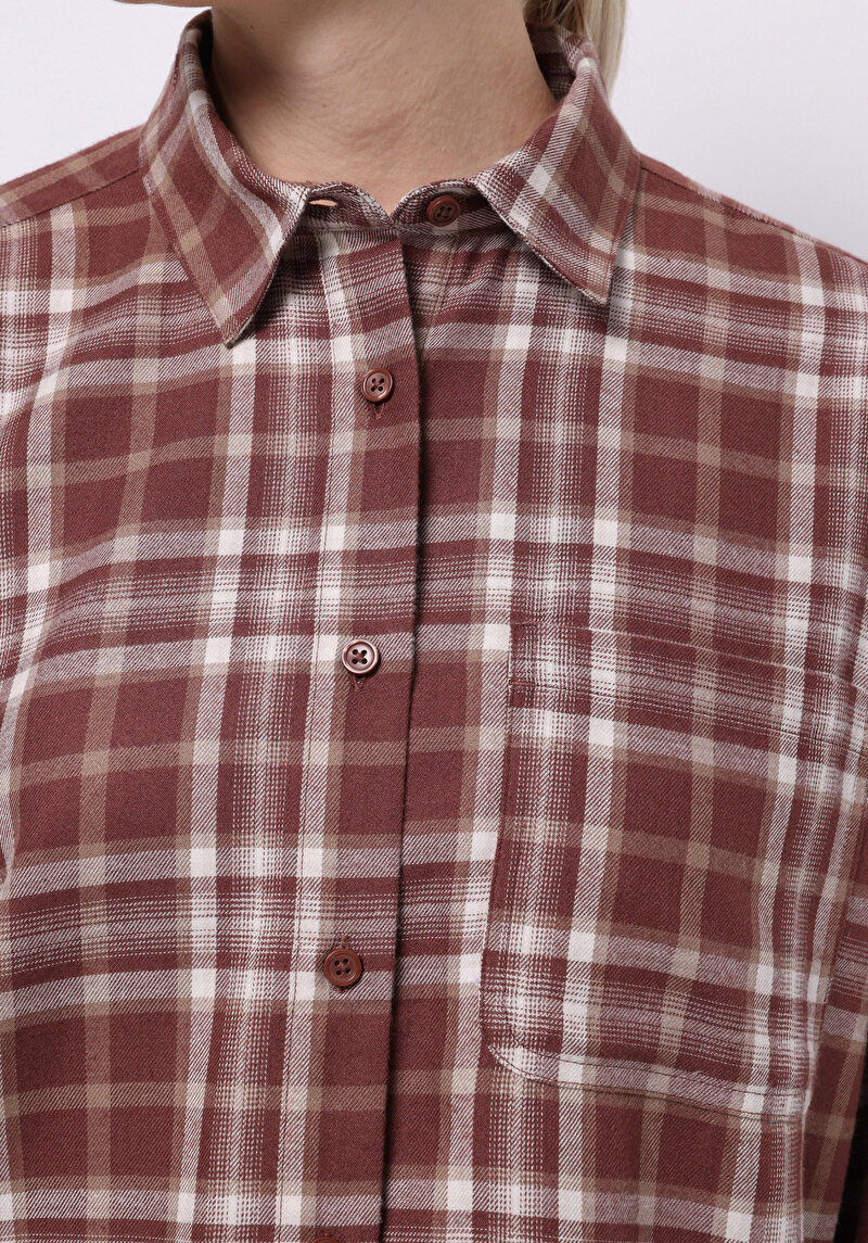 Relax Fit Shirt Neck Ekoseli Kadın Kahverengi Uzun Kol Gömlek