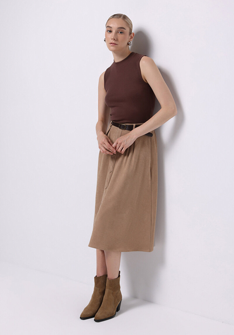Midi Düz Kadın Bej Etek