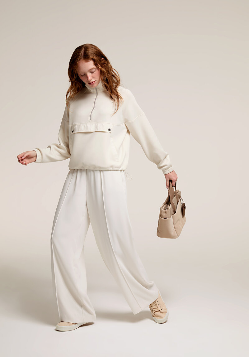 Regular Fit Yüksel Bel Geniş Paça Bel Bağcık Detaylı Kadın Ekru Pantolon