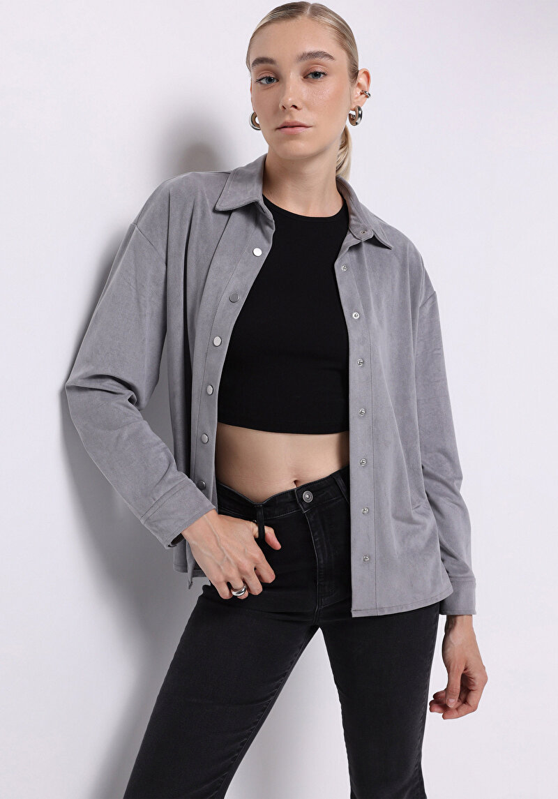 Regular Fit Kadın Gri Gömlek