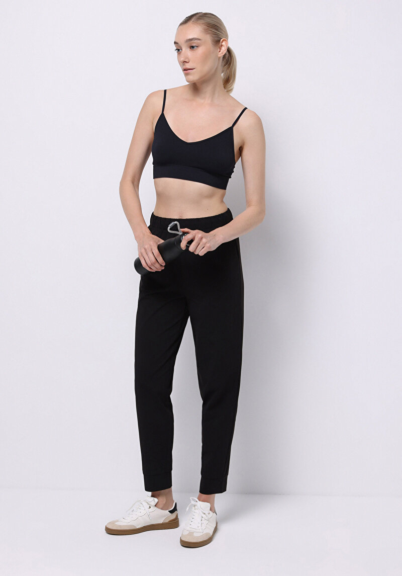 Regular Fit Orta Bel Düz Kadın Siyah Eşofman Altı