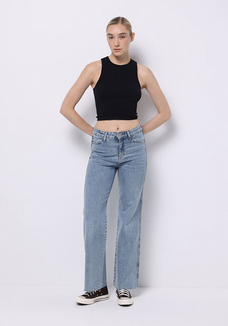 Regular Fit Yüksek Bel Geniş Paça Kadın Koyu İndigo Jean Pantolon
