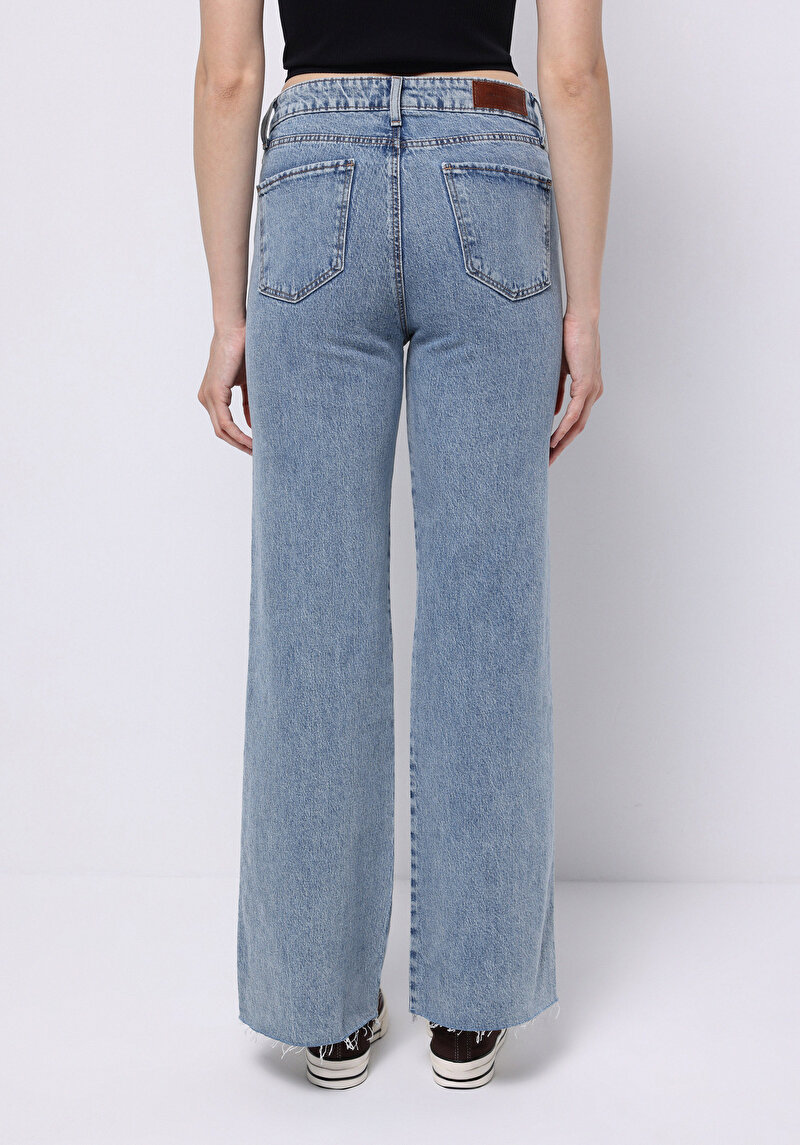 Regular Fit Yüksek Bel Geniş Paça Kadın Koyu İndigo Jean Pantolon