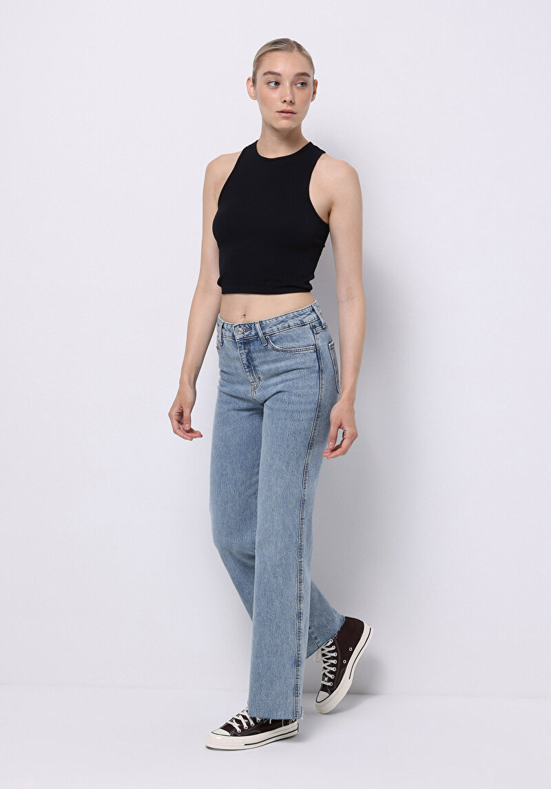 Regular Fit Yüksek Bel Geniş Paça Kadın Koyu İndigo Jean Pantolon