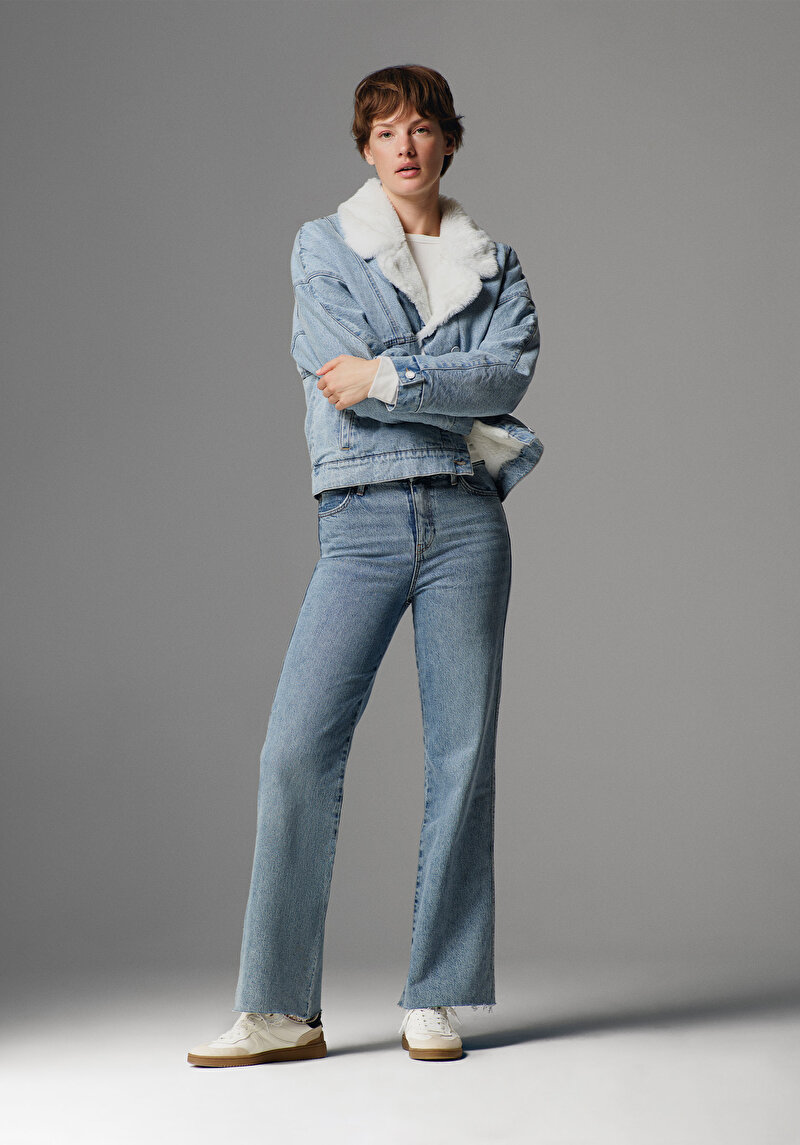 Regular Fit Yüksek Bel Geniş Paça Kadın Koyu İndigo Jean Pantolon