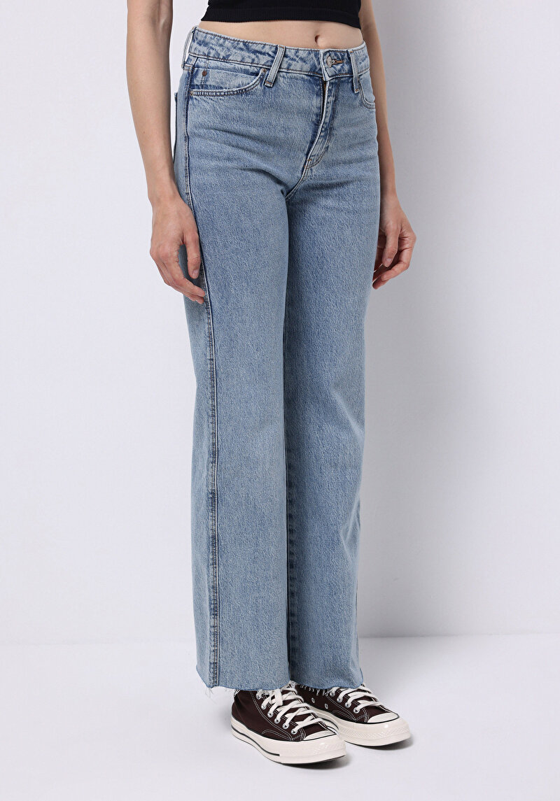 Regular Fit Yüksek Bel Geniş Paça Kadın Koyu İndigo Jean Pantolon