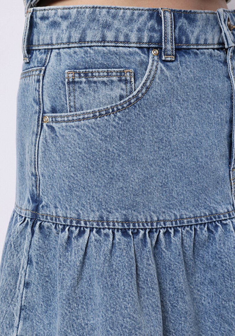 Slim Fit Düz Fermuarlı Kadın Mavi Etek