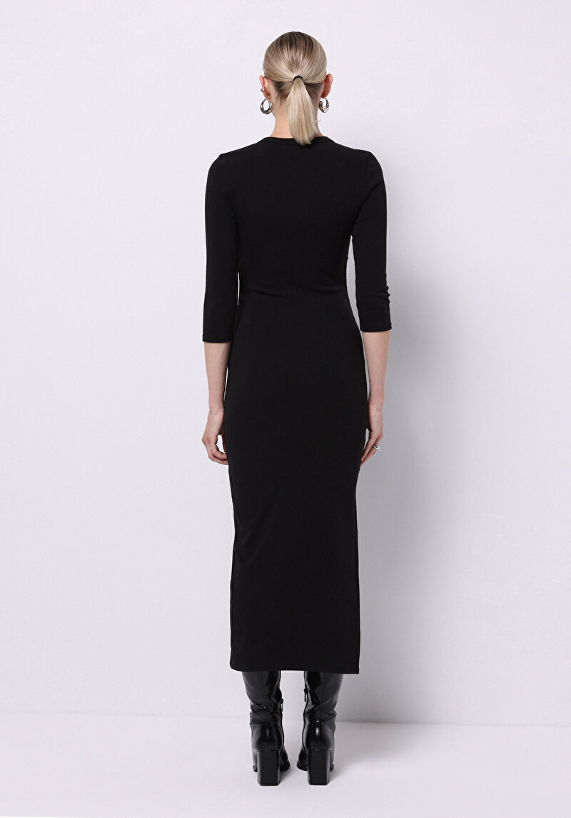 Slim Fit Düz Kadın Siyah ¾ Kol Elbise