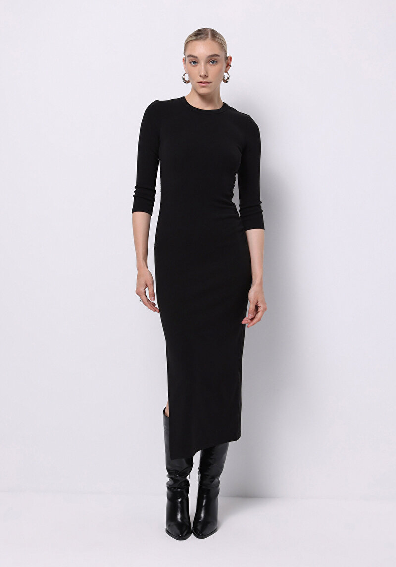 Slim Fit Düz Kadın Siyah ¾ Kol Elbise