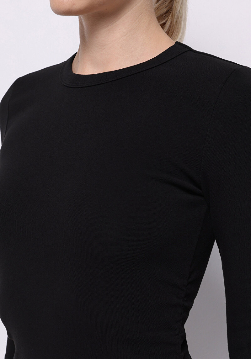 Slim Fit Düz Kadın Siyah ¾ Kol Elbise
