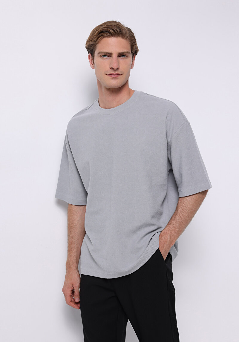 Oversize Fit Yuvarlak Yaka Düz Erkek Mavi Kısa Kol Tişört