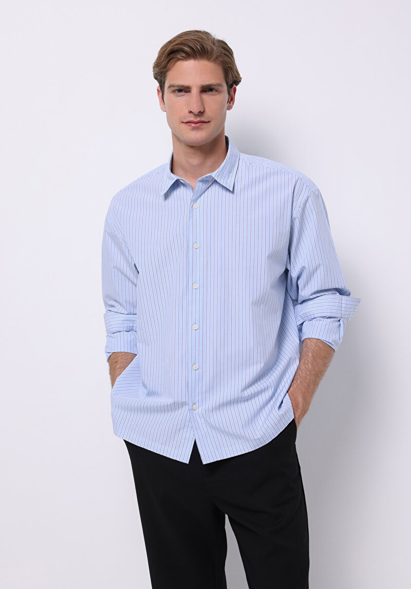 Boxy Fıt Shirt Neck Çizgili Erkek Mavi Uzun Kol Gömlek