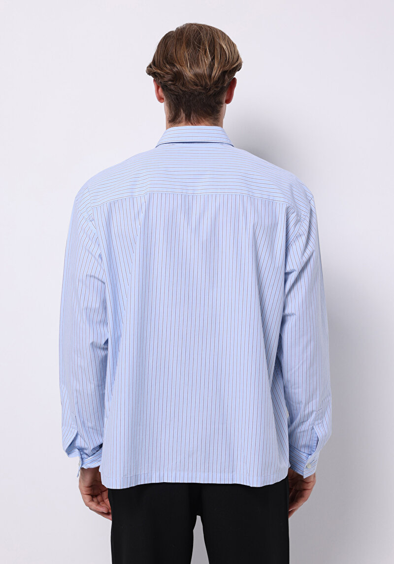 Boxy Fıt Shirt Neck Çizgili Erkek Mavi Uzun Kol Gömlek