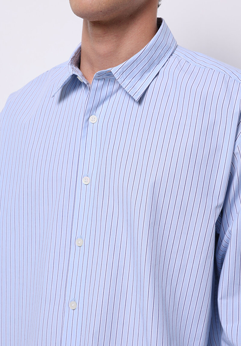 Boxy Fıt Shirt Neck Çizgili Erkek Mavi Uzun Kol Gömlek