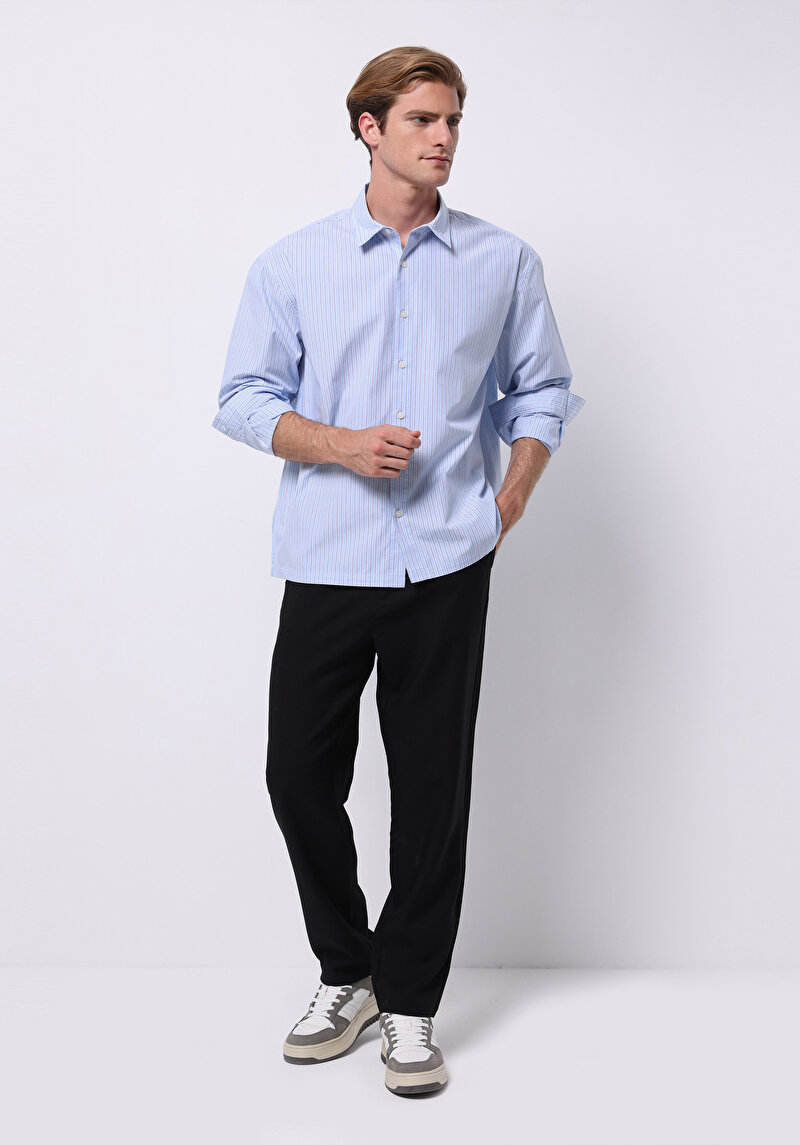 Boxy Fıt Shirt Neck Çizgili Erkek Mavi Uzun Kol Gömlek