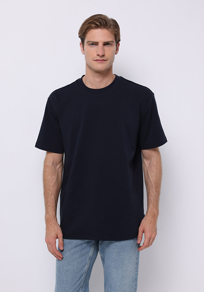 Comfort Fit Yuvarlak Yaka Düz Erkek Lacivert Kısa Kol Tişört