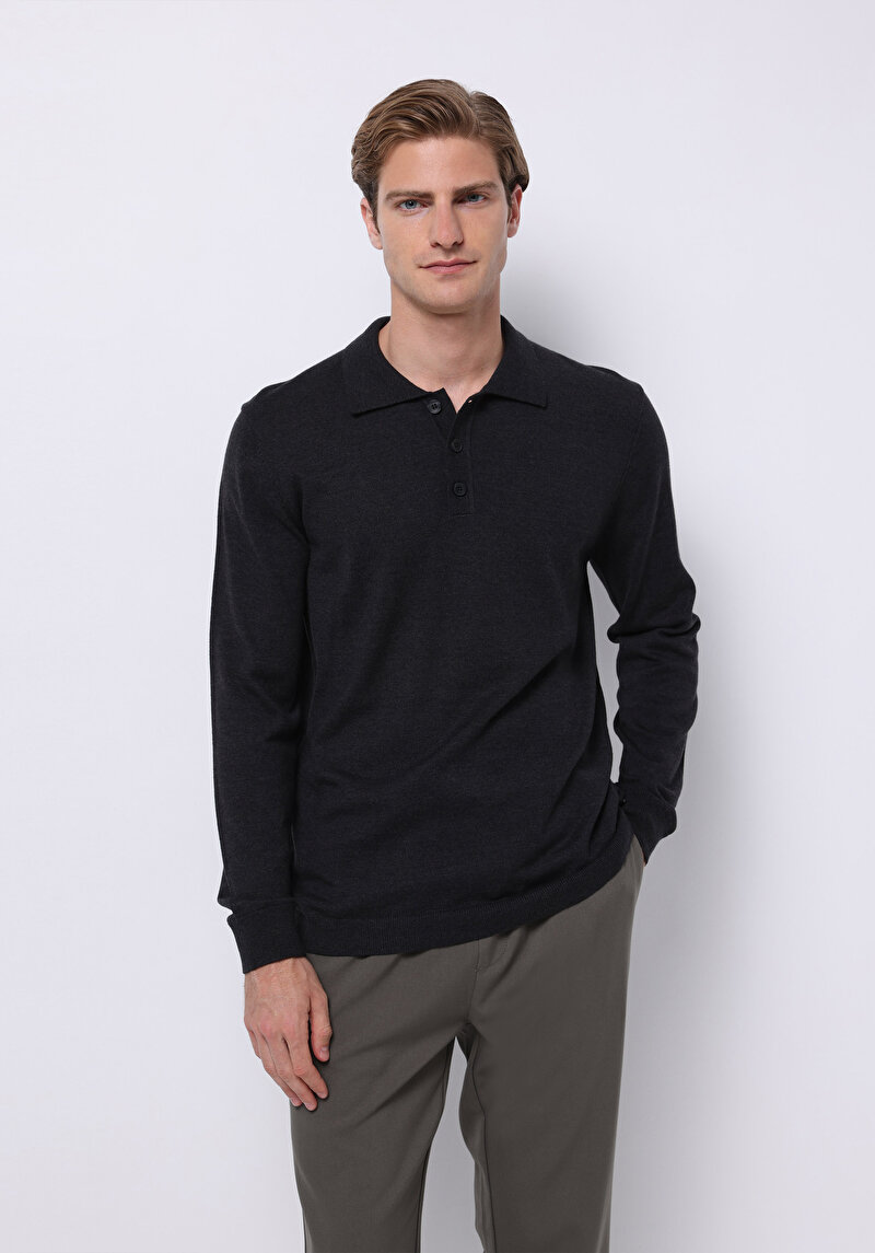 Regular Fit Polo Yaka Jakarlı Erkek Antrasit Kazak