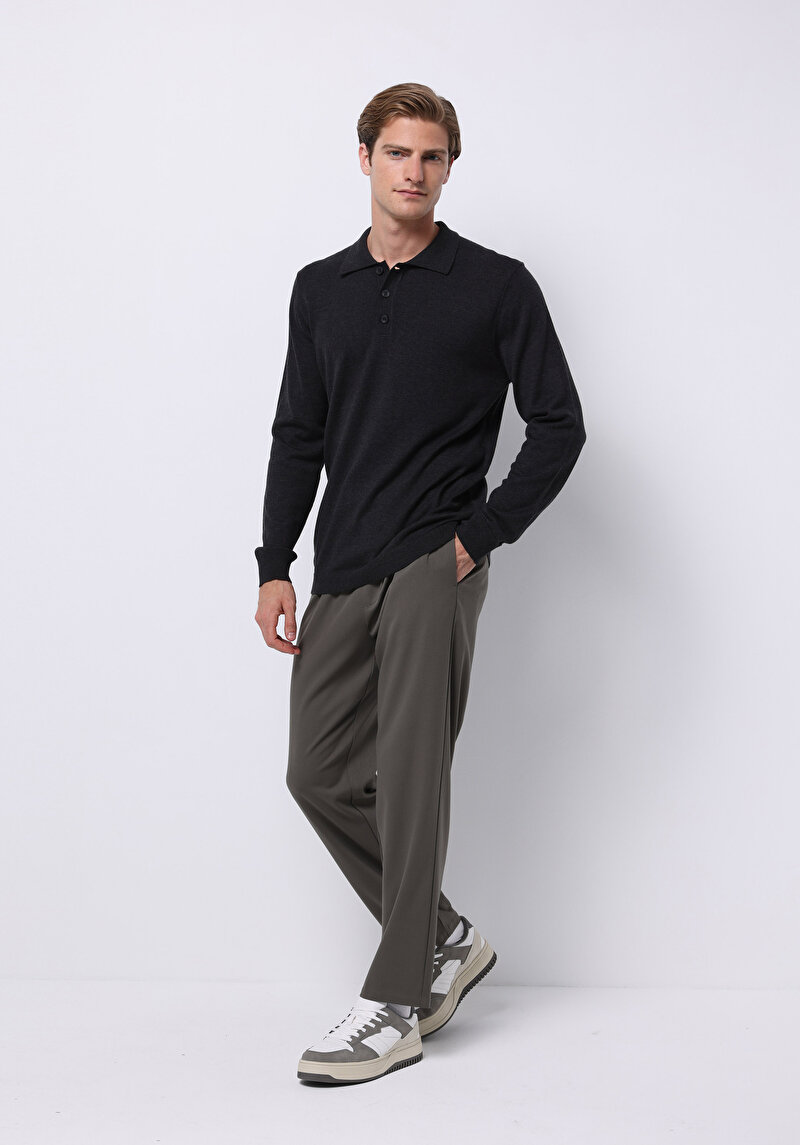 Regular Fit Polo Yaka Jakarlı Erkek Antrasit Kazak