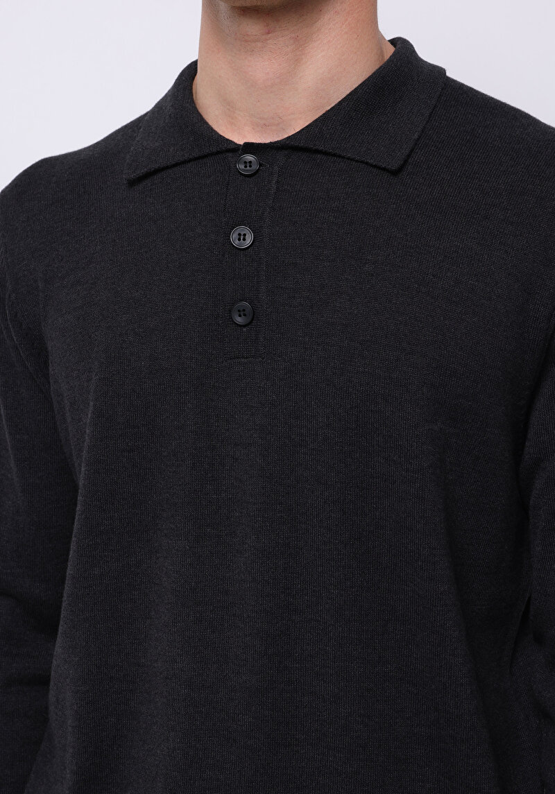 Regular Fit Polo Yaka Jakarlı Erkek Antrasit Kazak