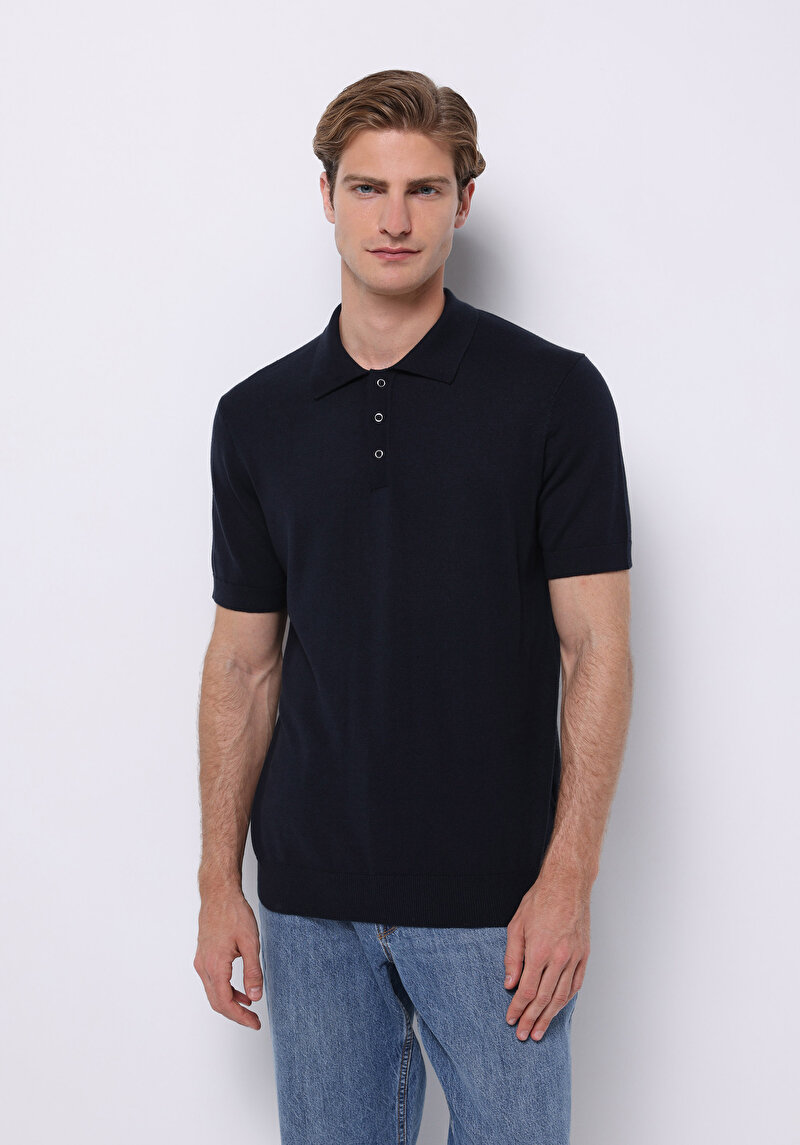 Regular Fit Polo Yaka Jakarlı Erkek Lacivert Kısa Kol Kazak