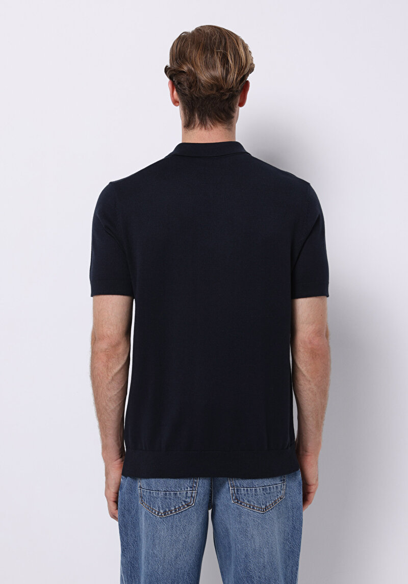 Regular Fit Polo Yaka Jakarlı Erkek Lacivert Kısa Kol Kazak