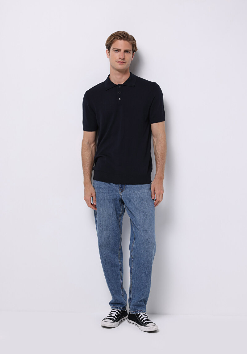 Regular Fit Polo Yaka Jakarlı Erkek Lacivert Kısa Kol Kazak