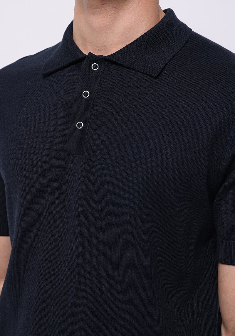 Regular Fit Polo Yaka Jakarlı Erkek Lacivert Kısa Kol Kazak
