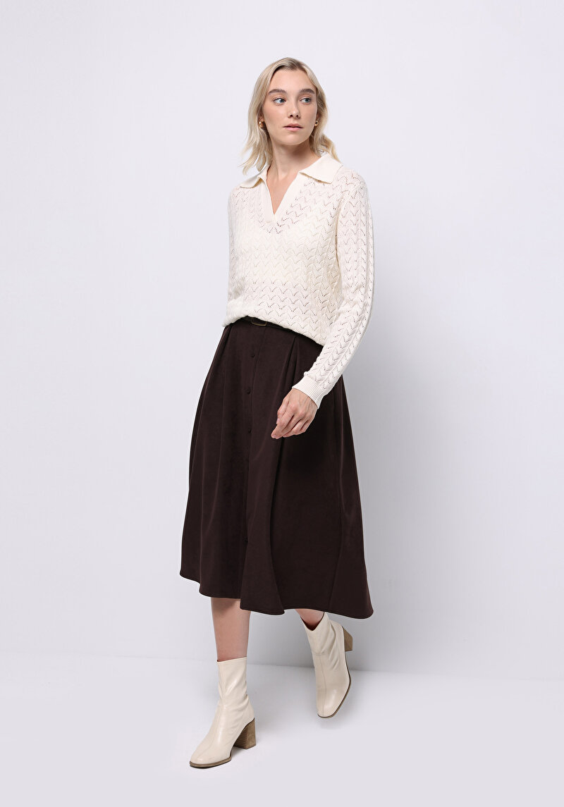 Midi Düz Kadın Kahverengi Etek