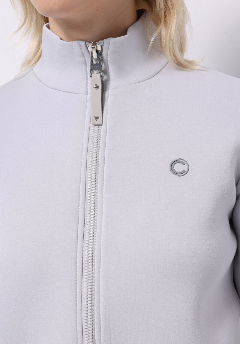 Regular Fit Dik Yaka Düz Kadın Gri Sweatshirt