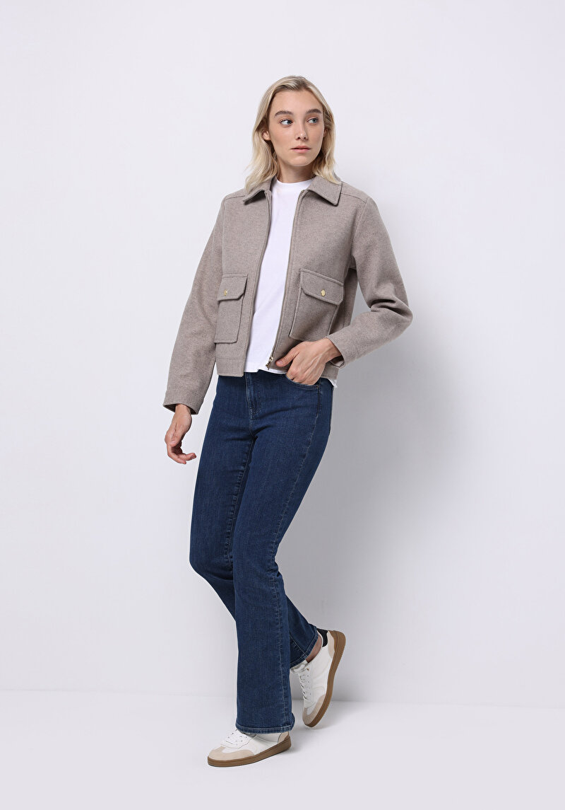 Regular Fit Shirt Neck Fermuarlı Astarsız  Kadın Bej Ceket