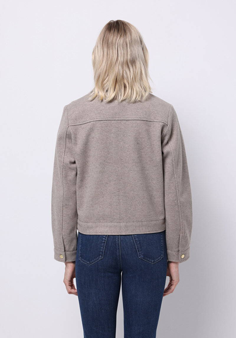 Regular Fit Shirt Neck Fermuarlı Astarsız  Kadın Bej Ceket