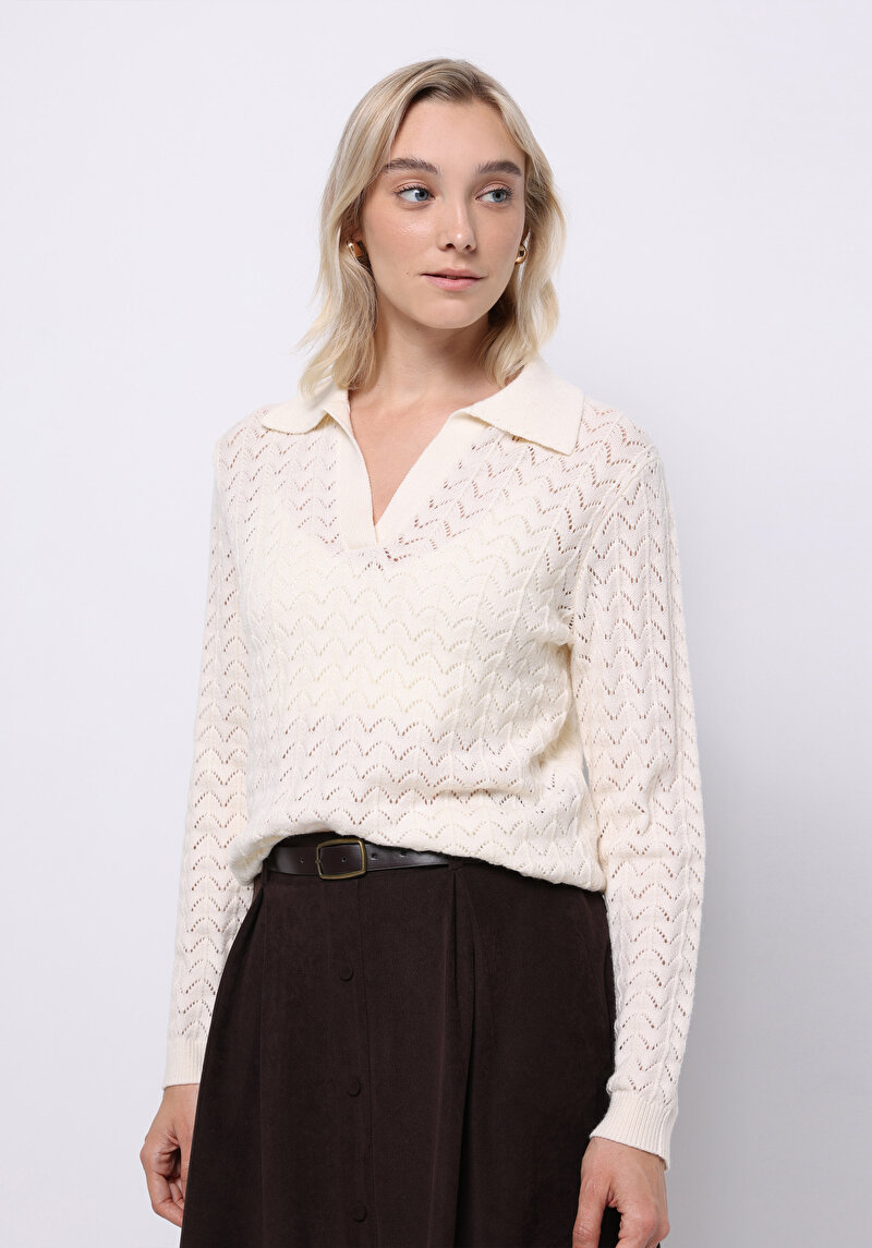 Regular Fit Polo Yaka Düz Kadın Beyaz Kazak