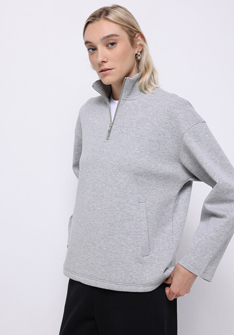 Relaxed Fit Fermuarlı Düz Kadın Gri Sweatshirt