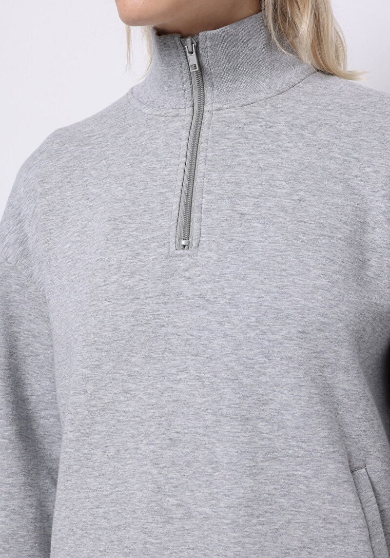 Relaxed Fit Fermuarlı Düz Kadın Gri Sweatshirt