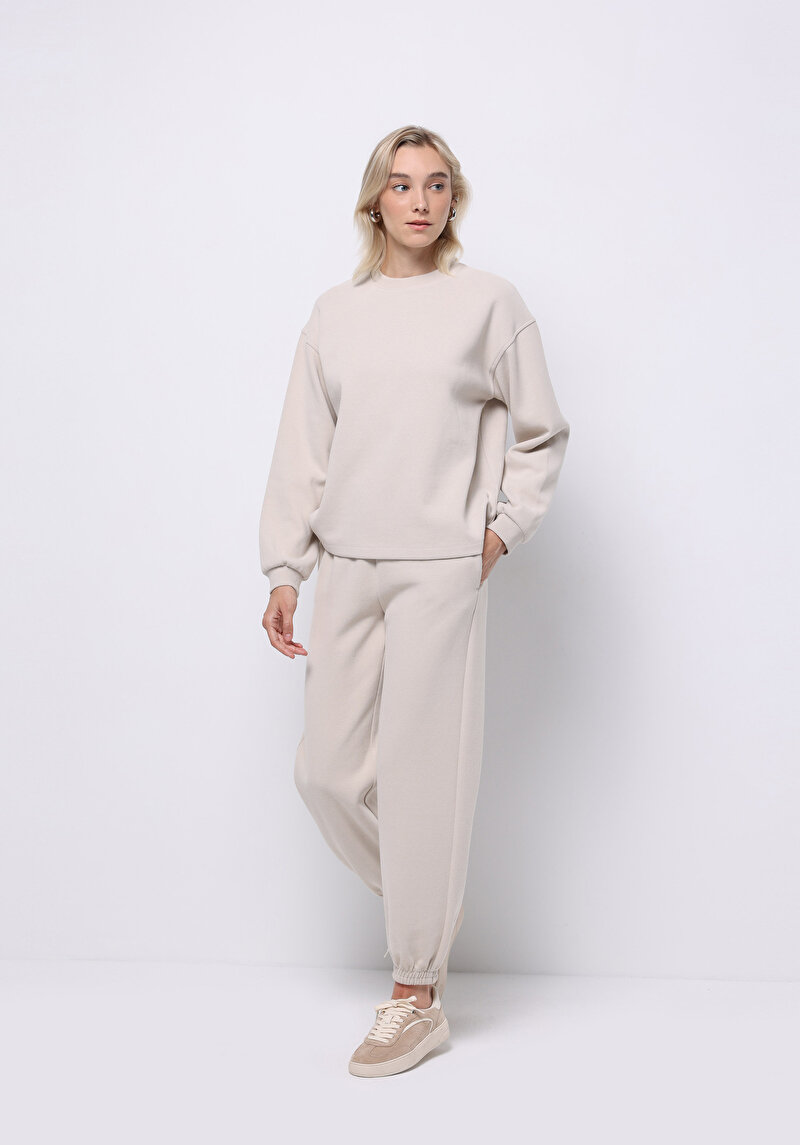 Regular Fit Yuvarlak Yaka Düz Kadın Bej Sweatshirt