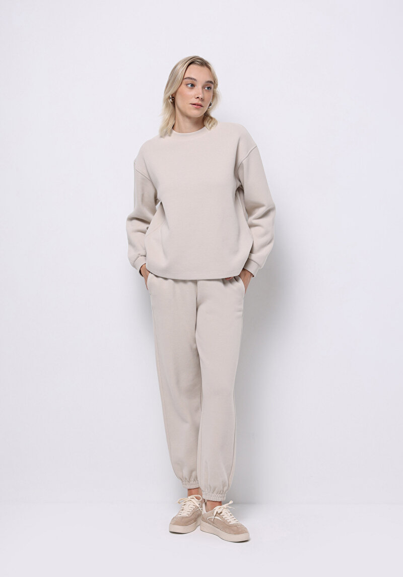 Regular Fit Orta Bel Düz Kadın Bej Eşofman Altı