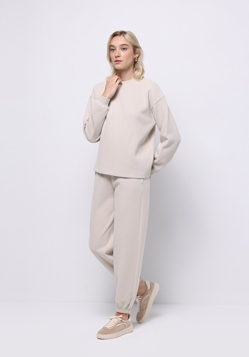 Regular Fit Orta Bel Düz Kadın Bej Eşofman Altı