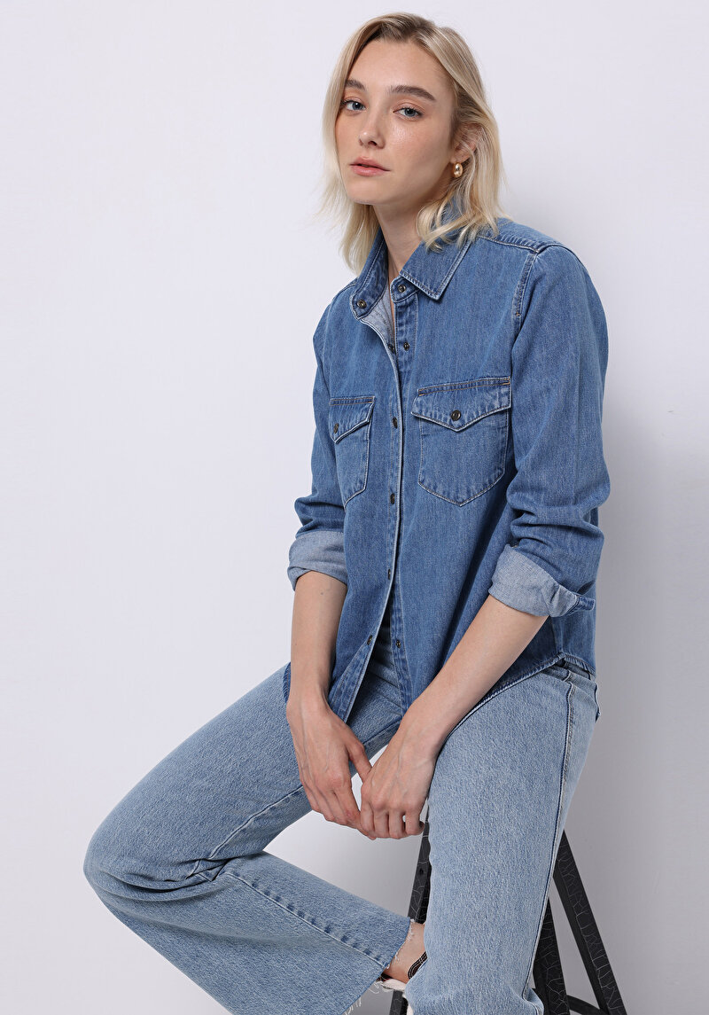 Regular Fit Yuvarlak Yaka Düz Kadın Denim Uzun Kol Gömlek